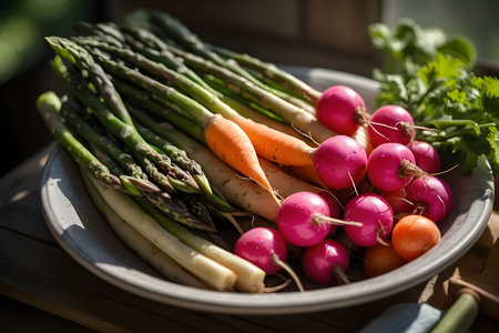 A vibrant display of fresh spring vegetables like radishes, asparagus, and carrots, illuminated by soft morning sunlight filtering through the trees.の素材