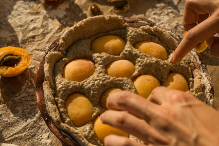 warm light photo of outside a woman in gentle sundress cooking a sweet pie with fresh apricots on a sunny summer dayの写真素材