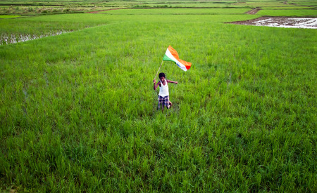 boy with indian national flag on green grassのeditorial素材