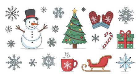 This image features a collection of winter holiday-themed illustrations. It includes a snowman, a decorated Christmas tree, mittens, a candy cane, a gift box, snowflakes, a steaming mug of hot cocoa, a sleigh, and a star. Each element captures the festive spirit of the holiday season.の素材