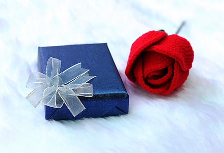 Gift box and red rose on a flannel backgroundの写真素材