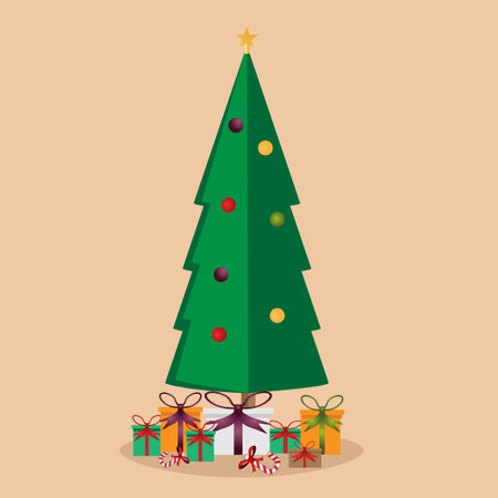 Icon Christmas with decorated tree and gift boxes. Colorful presents for holiday. Modern design. Christmas and New Year elements for decoration.のイラスト素材