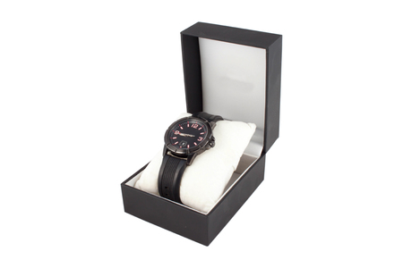 Black box with luxury watch on white background.の写真素材
