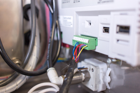 Wiring PLC Control panel with wires industrial factoryの写真素材