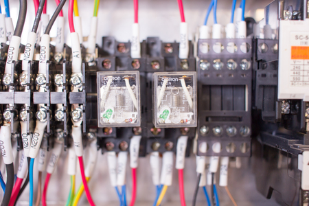 Wiring PLC Control panel with wires industrial factoryの写真素材