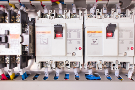 Wiring PLC Control panel with wires industrial factoryの写真素材