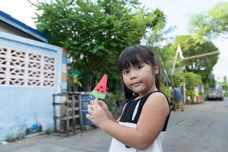 Portrait of a cute girl with ice cream on a walk in the park. child outdoorsの写真素材