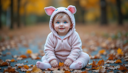 A cheerful baby in a pink hoodie sits among vibrant autumn leaves. The soft expression captures the essence of joy and innocence in a serene outdoor setting.の素材