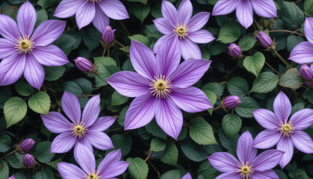 A stunning display of vibrant purple flowers surrounded by lush green leaves, showcasing intricate petals that create a natural and serene atmosphere.の素材