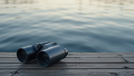 A set of binoculars rests on a wooden dock beside calm water during sunset. This serene scene captures the beauty of nature and outdoor exploration.の素材