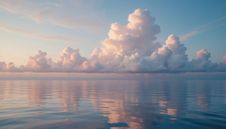 A stunning view of calm ocean waters reflects soft, fluffy clouds during a colorful sunset, creating a tranquil and serene atmosphere ideal for relaxation.の素材