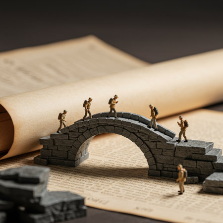 Photorealistic image of tiny explorers trekking across a stone bridge built on a partially unrolled parchment. Symbolizes a journey through ancient texts, set against a clean, modern background. High detail, 8k.の素材