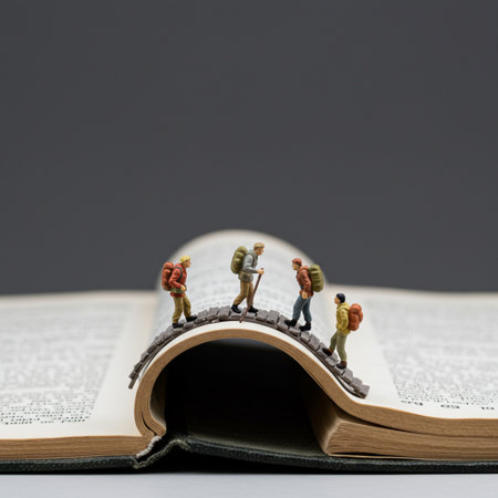 Photorealistic image of miniature hikers crossing a wooden bridge situated on a curled page from an old novel. High detail, 8k resolution. A creative, conceptual scene evoking a literary quest and adventure.の素材