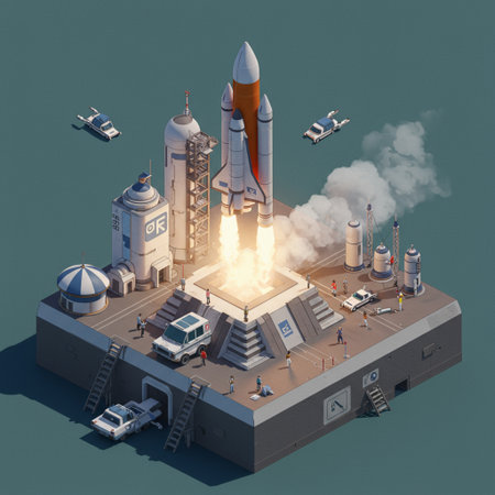 Isometric illustration of a rocket launching from a futuristic launchpad, surrounded by stylized buildings and vehicles. Modern, clean background, high detail, 8k concept art with a focus on technological advancement.の素材