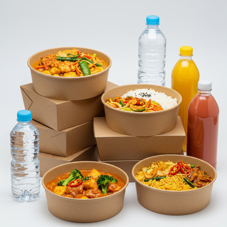 Photorealistic still life of various carton takeaway boxes stacked on a white backdrop. Showcasing glimpses of flavorful curries, stir-fries, and rice bowls alongside bottled water and fruit juices. High detail, vibrant colors.の素材