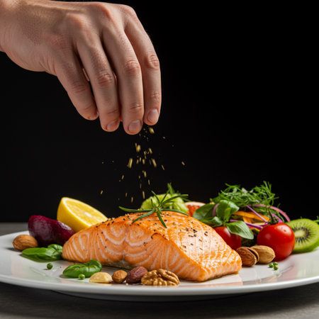 A photorealistic close-up of a chef's hand adding fresh herbs to a grilled salmon steak. The dish is surrounded by a colorful assortment of vegetables, fruits, and nuts on a clean, modern surface.の素材