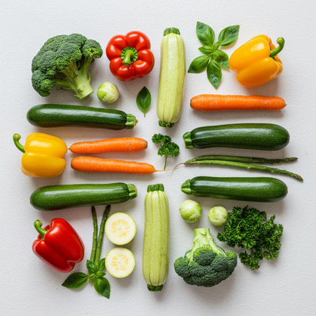 A photorealistic flat lay featuring a vibrant and symmetrical arrangement of fresh, organic vegetables. The composition includes bell peppers, broccoli, carrots, zucchini, and scattered herbs like basil and parsley, all set against a clean, modern background with high detail and no shadows.の素材