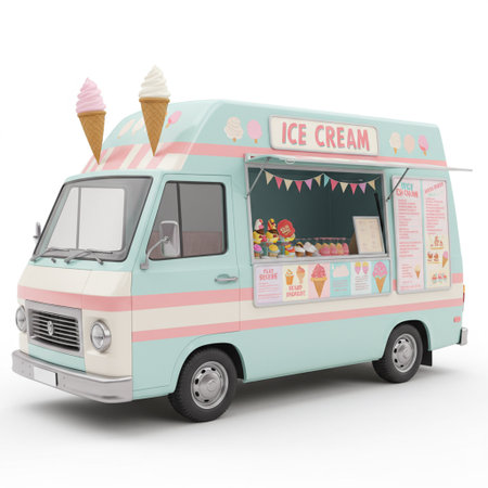 A photorealistic, isolated depiction of a pastel-colored ice cream van, perfect for adding a touch of sweetness to your designs. Features cheerful decorations and visible treats for high visual appeal.の素材