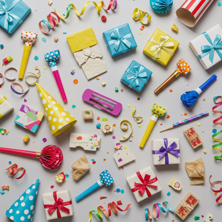 A photorealistic illustration showcasing a delightful collection of meticulously arranged party favors. Noisemakers, confetti, and small wrapped gifts tied with ribbons are scattered across a clean, modern background, rendered in high detail and 8k resolution.の素材