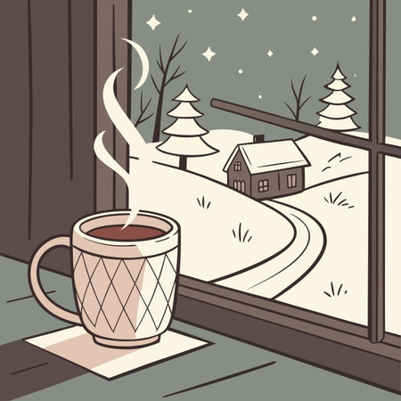 Cup of coffee on the balcony, winter landscape. Vector illustrationのイラスト素材