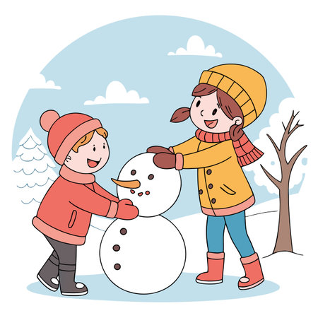 Children making a snowman in the winter park. Cute cartoon vector illustration.のイラスト素材