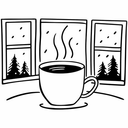 Cup of coffee in the window. Black and white vector illustration.のイラスト素材