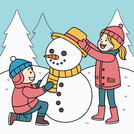 Children playing with a snowman in the park. Vector illustration.のイラスト素材