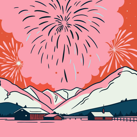 Fireworks over the village. Vector illustration of fireworks in the mountains.のイラスト素材