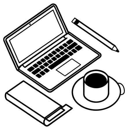 laptop with coffee cup and notebook vector illustration graphic design in black and whiteのイラスト素材