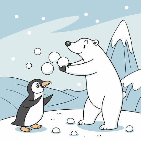 Polar bear and penguin with snowballs. Vector illustration.のイラスト素材