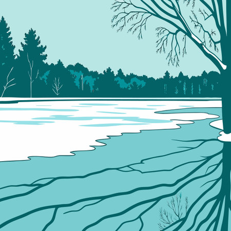 Winter landscape with frozen lake and forest. Vector illustration in retro style.のイラスト素材