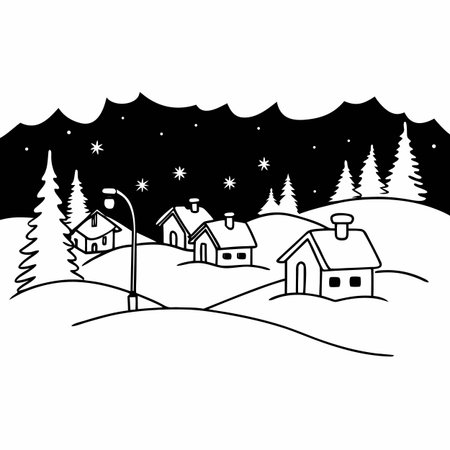 Winter landscape with fir trees and houses. Vector illustration in black and white.のイラスト素材
