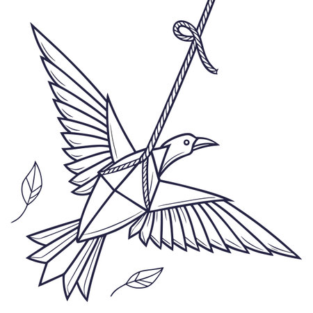 Hand drawn vector illustration of a bird with a rope and leaves.のイラスト素材