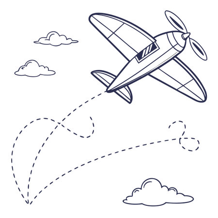 Vector illustration of flying airplane in the sky with clouds and dotted line path.のイラスト素材