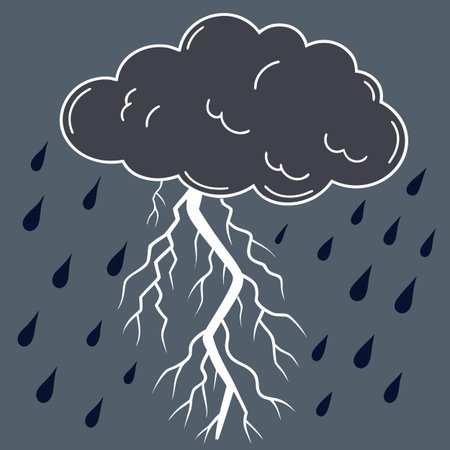 Cartoon rain cloud with lightning and rain drops. Vector illustration.のイラスト素材