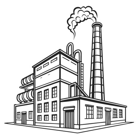 Industrial building with chimney. Vector illustration in black and white colors.のイラスト素材