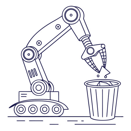 Robotic arm with trash can. Thin line vector illustration in flat style.のイラスト素材