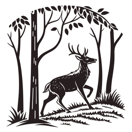 Deer in the forest. Black and white illustration. Vector.のイラスト素材
