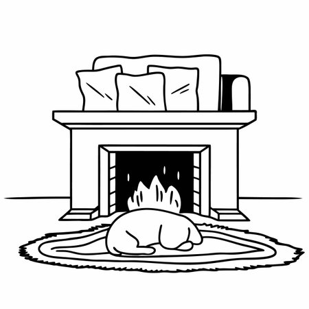 Sleeping cat in front of a fireplace. Vector illustration.のイラスト素材