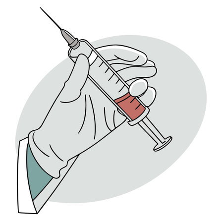 Hand in glove holding a syringe with blood. Vector illustration.のイラスト素材