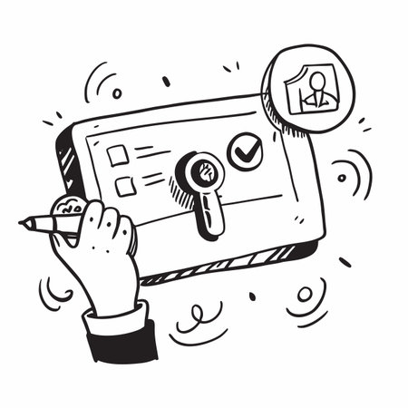 Hand drawn doodle illustration of a hand holding a tablet computer and a keyのイラスト素材