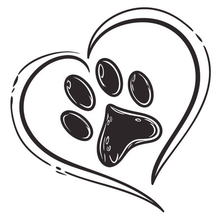 Vector illustration of a paw in a heart. Black and white.のイラスト素材