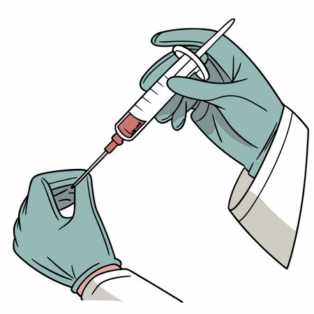 Illustration of a hand holding a syringe with a blood sampleのイラスト素材