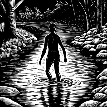 Girl in the river. Black and white engraved ink art. Vector illustration.のイラスト素材