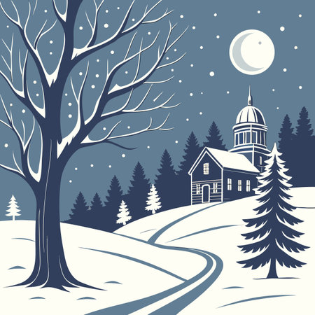 Winter landscape with house, spruce and snow. Vector illustration.のイラスト素材