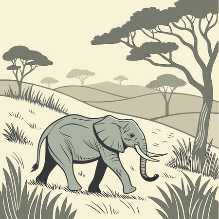 Elephant in the savannah. Illustration in vector format.のイラスト素材