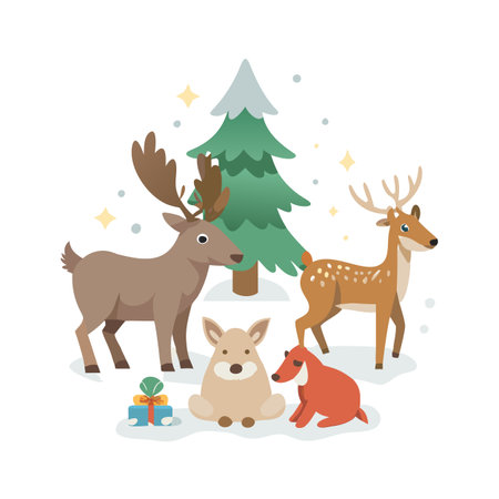 Christmas trees, deer, fox and dog. Vector illustration in flat styleのイラスト素材