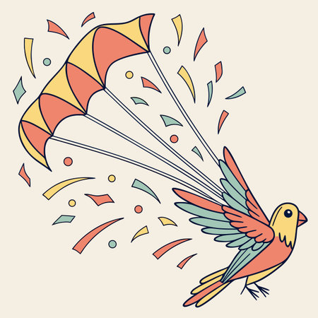 Hand drawn vector illustration of a parrot flying with an umbrella.のイラスト素材