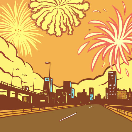 fireworks in the background of the city on the highway. vector illustrationのイラスト素材