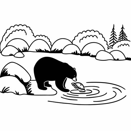 Black and white illustration of a bear with a fish in its mouthのイラスト素材